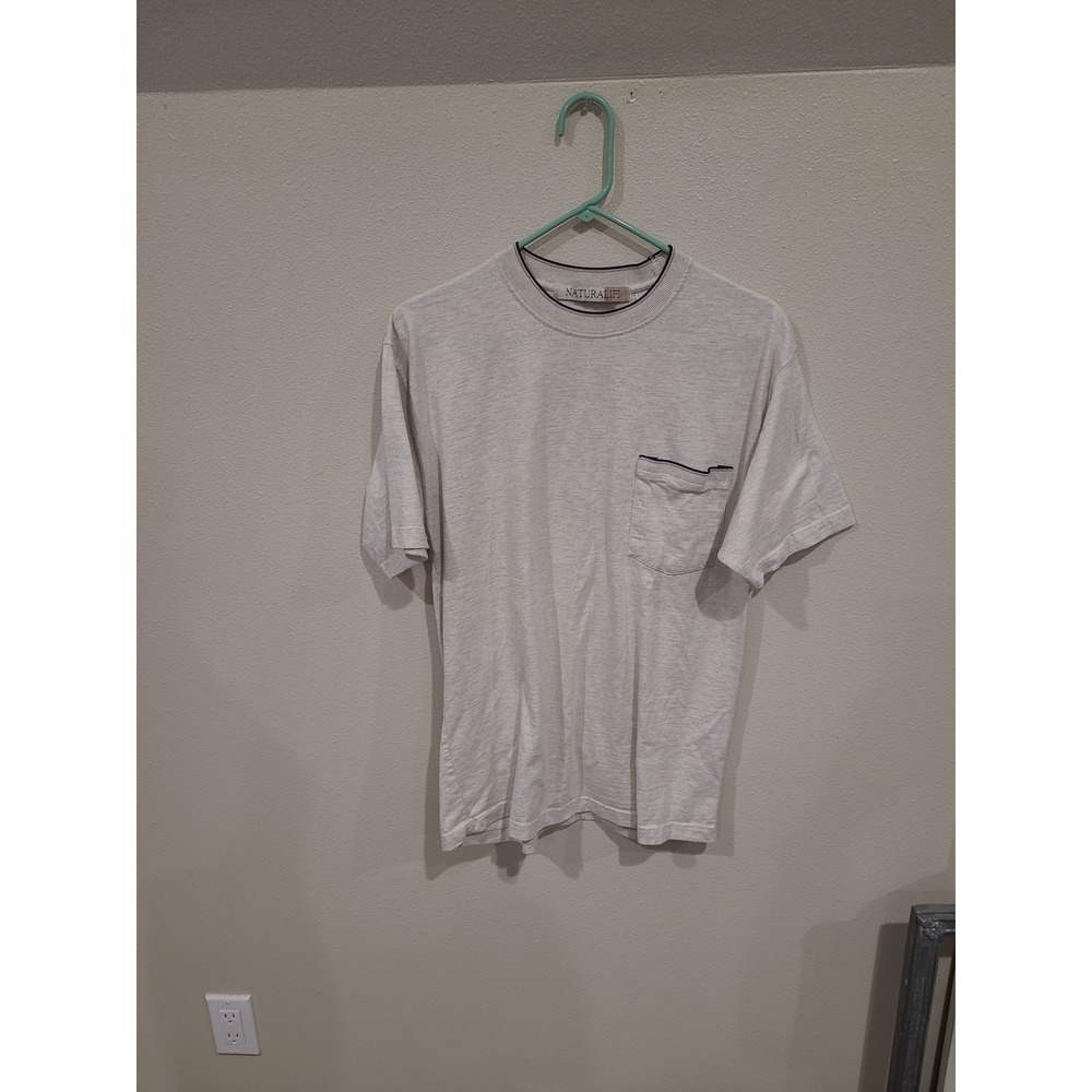 Natural‎ Life Mens SZ M T-shirt cream gray w/black tan contrast ribbed collar